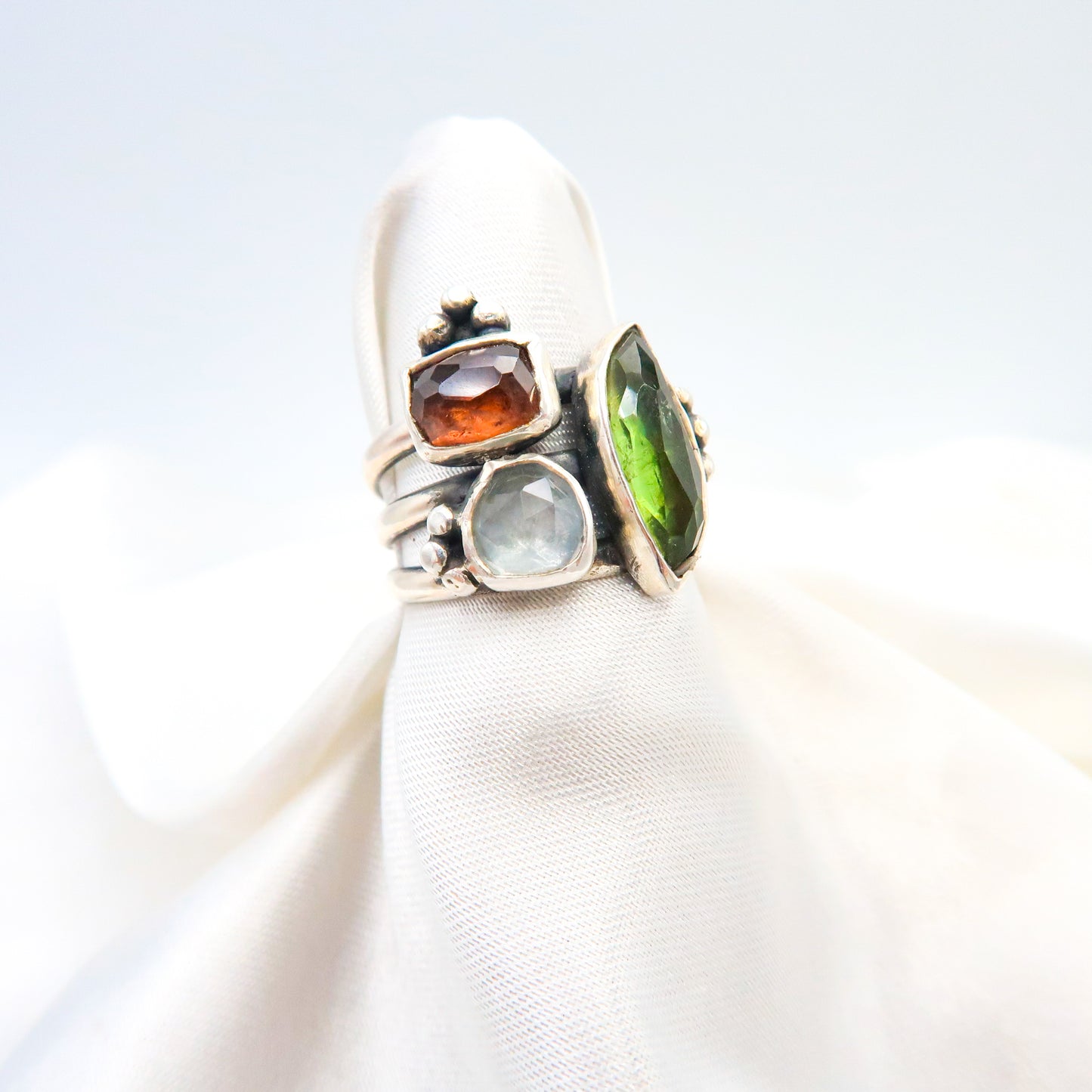 Sterling Silver Cluster Ring with Tourmaline Aquamarine Gemstones