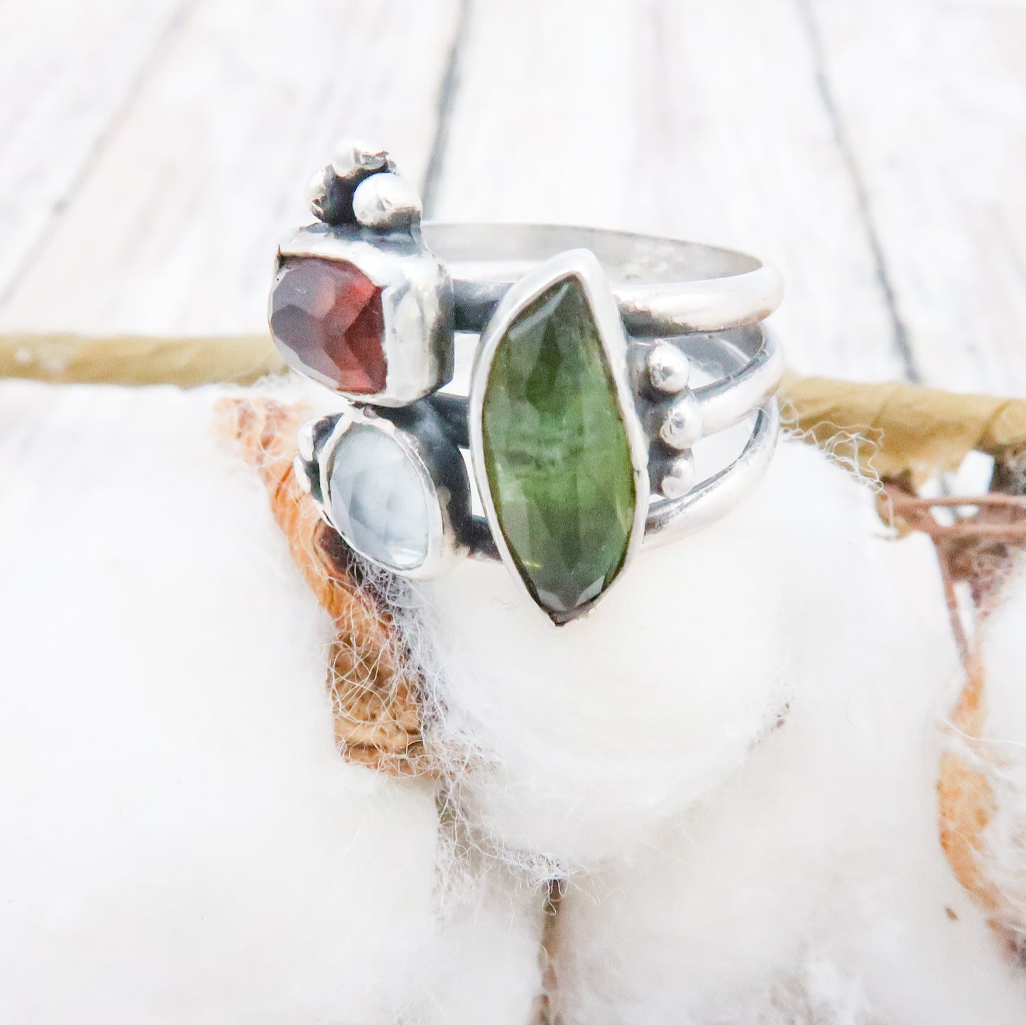 Sterling Silver Cluster Ring with Tourmaline Aquamarine Gemstones