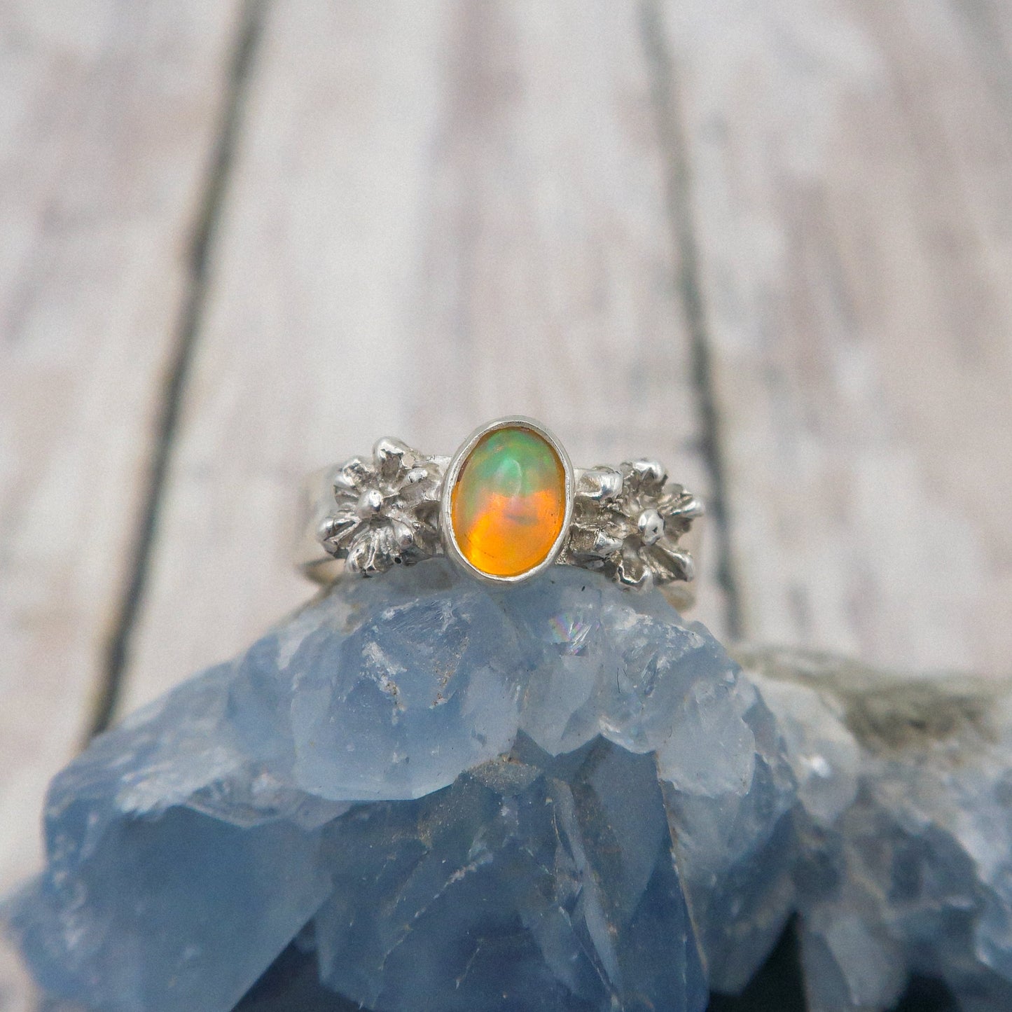 Ethiopian Opal and Sterling Silver Flower Ring